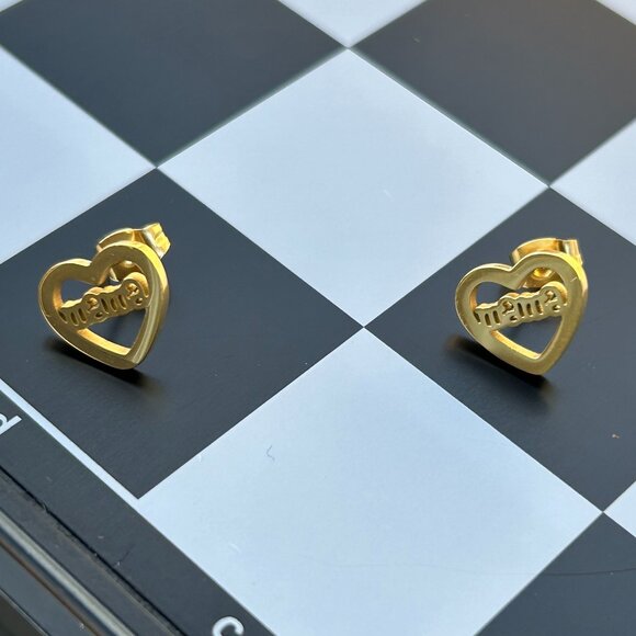 18K Gold Plated Heart Mama Stud Earrings, Stainless Steel - Picture 2 of 5